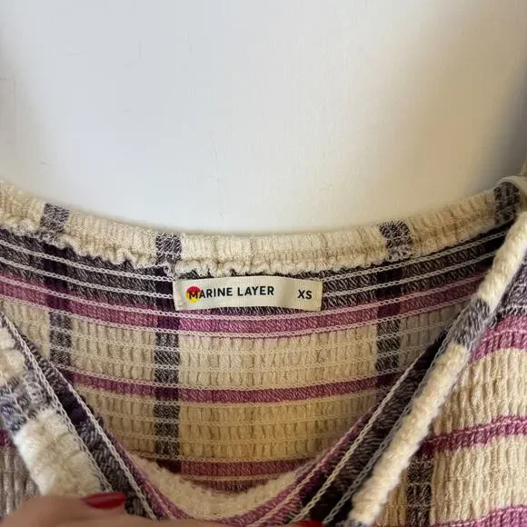 Marine Layer Ivy Smocked Maxi Long Plaid Dress Beige Purple - XS - Picture 4 of 9